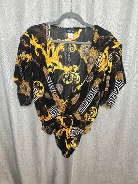 Day G Baroque Print Wrap Bodysuit - Black & Gold - Size Medium